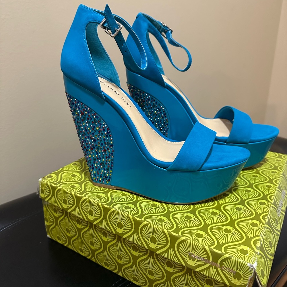 Gianni Bini DESTINIE Blue Wedge Sandals with Ankle Strap Sz 9.5